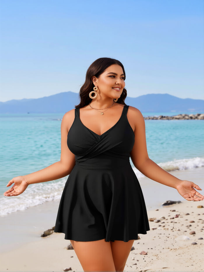 Women One Piece Swimsuit Tummy Control Slimming Bathing Suits V Neck Mesh Tie Back Swim Dress