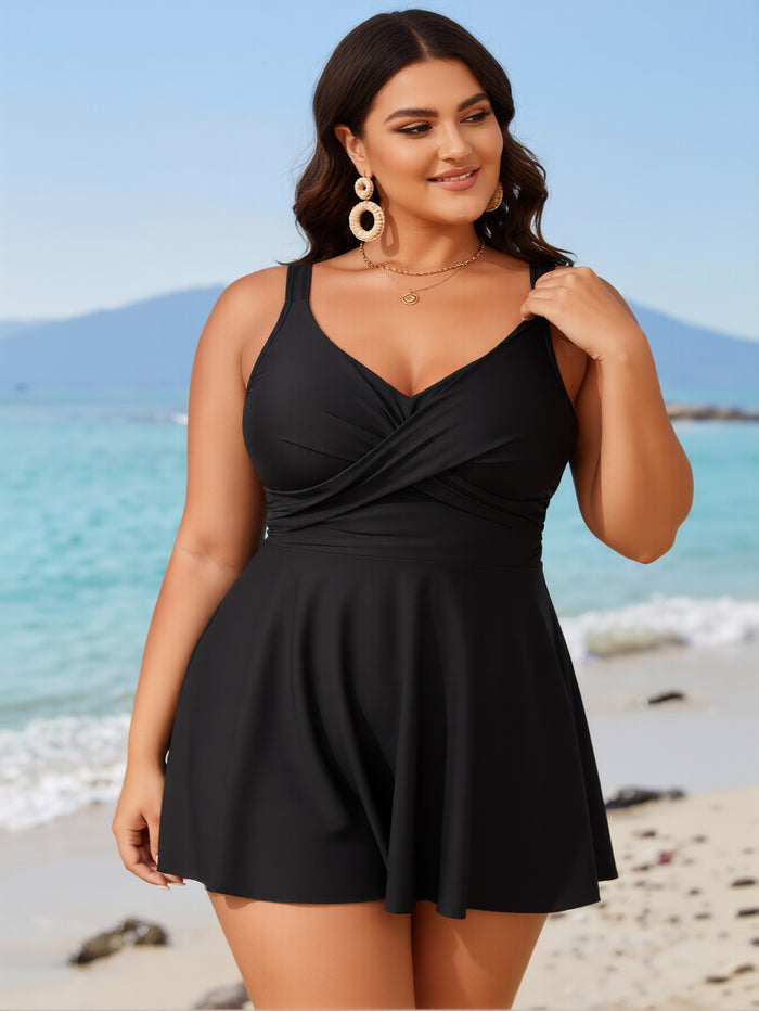 Women One Piece Swimsuit Tummy Control Slimming Bathing Suits V Neck Mesh Tie Back Swim Dress