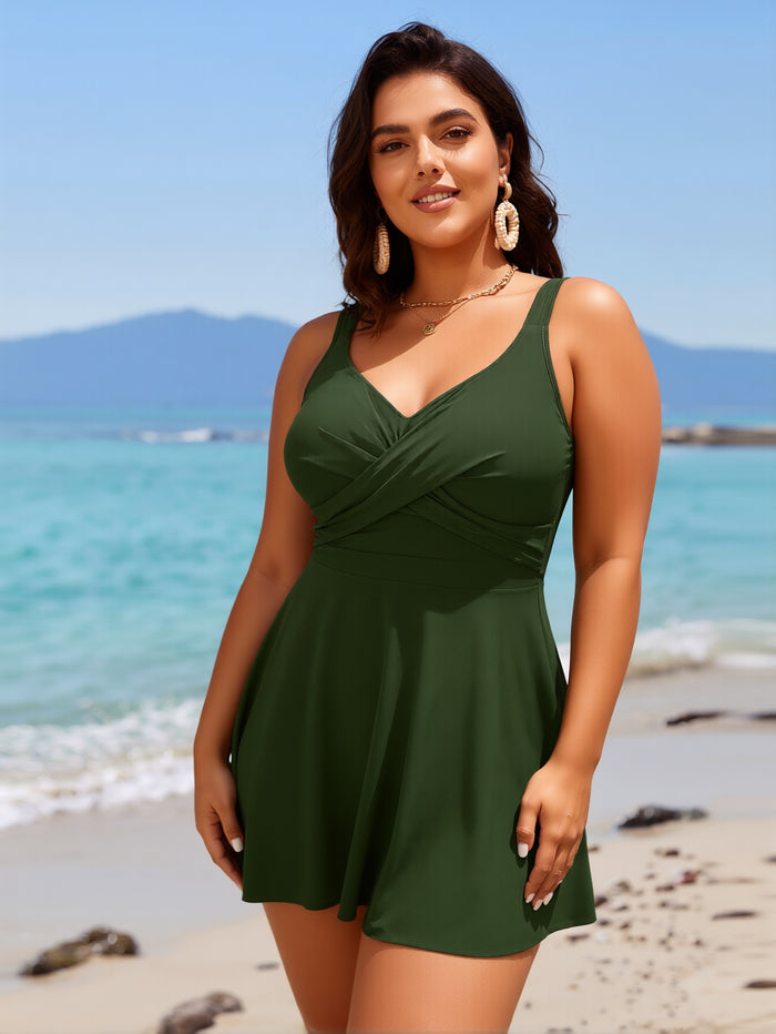 Women One Piece Swimsuit Tummy Control Slimming Bathing Suits V Neck Mesh Tie Back Swim Dress