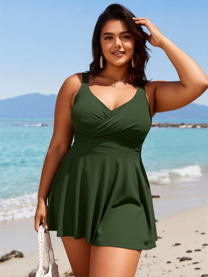Women One Piece Swimsuit Tummy Control Slimming Bathing Suits V Neck Mesh Tie Back Swim Dress