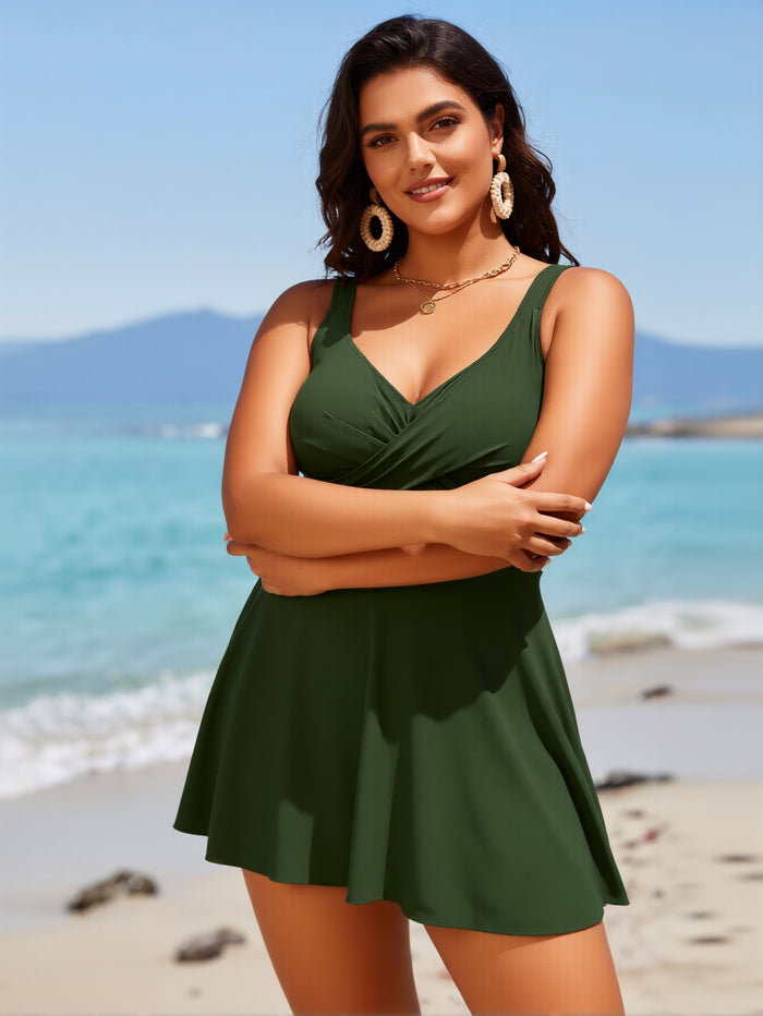 Women One Piece Swimsuit Tummy Control Slimming Bathing Suits V Neck Mesh Tie Back Swim Dress