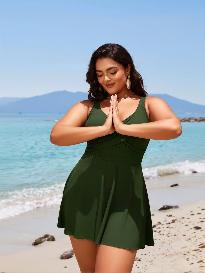 Women One Piece Swimsuit Tummy Control Slimming Bathing Suits V Neck Mesh Tie Back Swim Dress