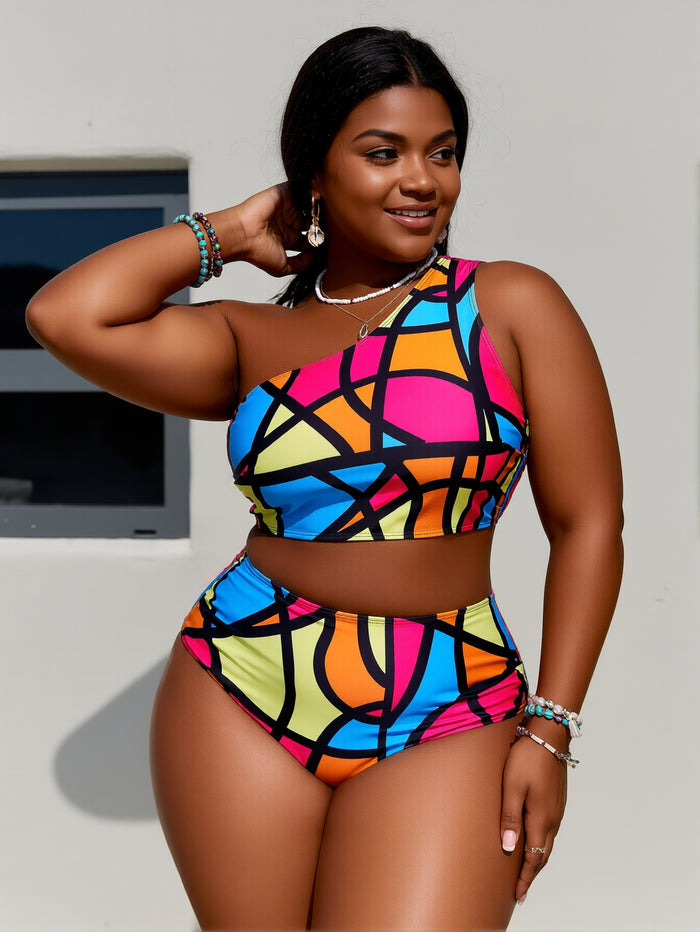 Women PLUS SIZE High Waisted Bikini - One Shoulder Bathing Suit Tummy Control Two Piece Swimsuit