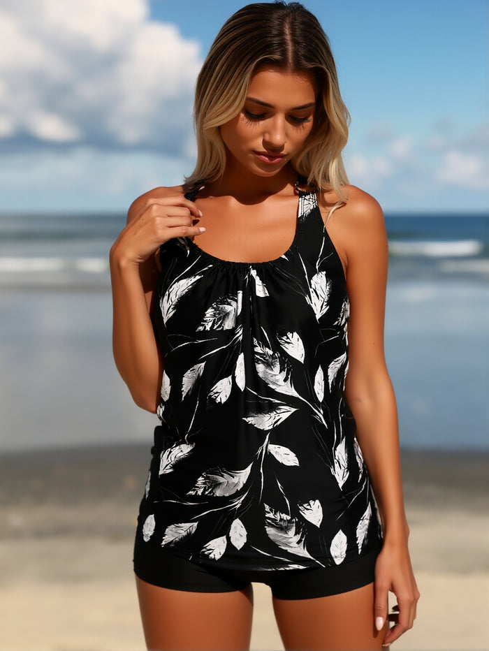Women Plus Size Swimsuit Two Piece Flowy Swimdress Tummy Control Bathing Suits with High Waisted Shorts