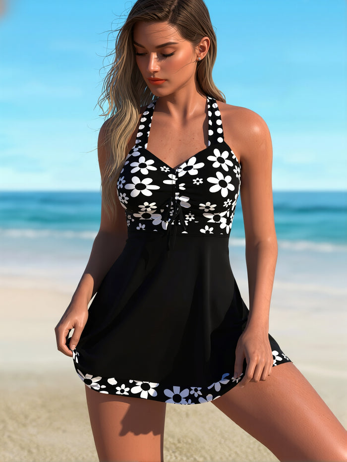 Women Plus Size Swimsuit Two Piece Flowy Swimdress Tummy Control Bathing Suits with High Waisted Shorts