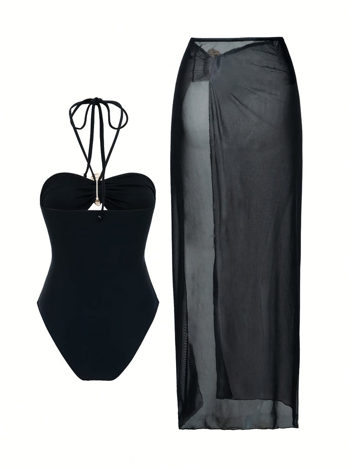 Women Sexy 2 Piece Outfits Dress Chiffon Strap Deep V Neck Bra Crop Top High Split Maxi Dresses Skirt Set
