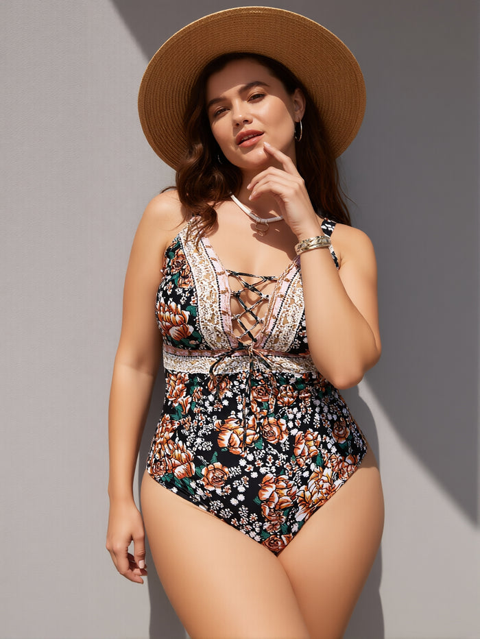 Women Sexy Lace Up One Piece Swimsuit Deep Plunge V Neck High Cut Bathing Suits