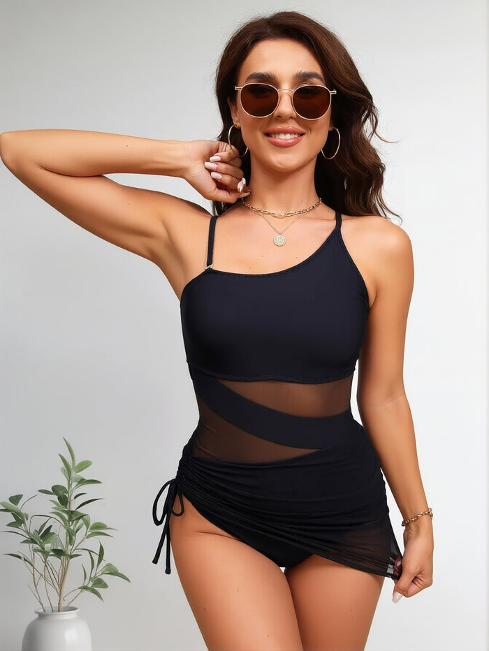 Women Sexy One Piece Swim Dress Tummy Control Swimsuits One Shoulder Mesh Bathing Suit Skirts