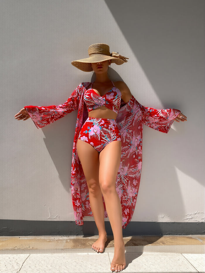 Women's 3 Piece Bikini Set High Cut Halter Swimsuit with Long Sleeve Drawstring Cover Ups