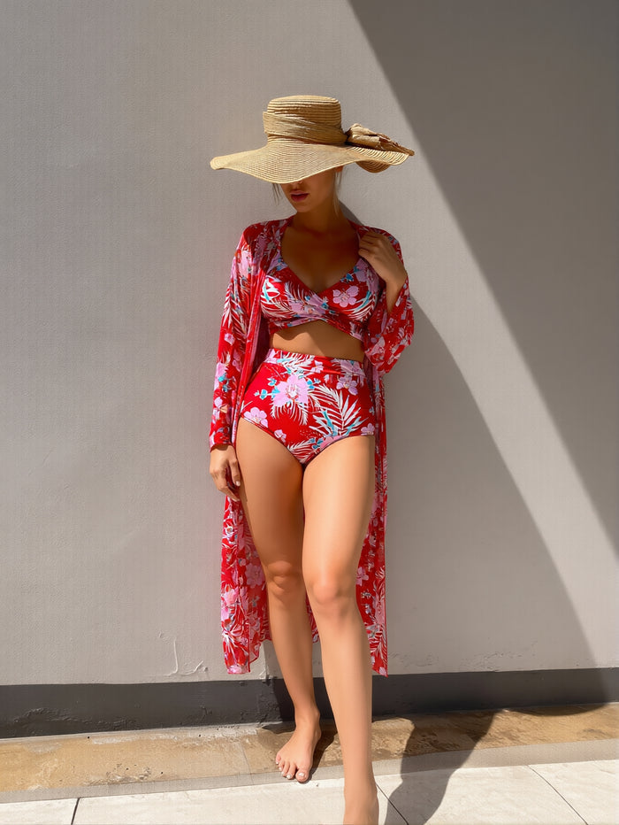 Women's 3 Piece Bikini Set High Cut Halter Swimsuit with Long Sleeve Drawstring Cover Ups