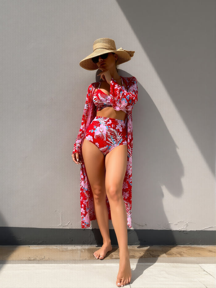 Women's 3 Piece Bikini Set High Cut Halter Swimsuit with Long Sleeve Drawstring Cover Ups