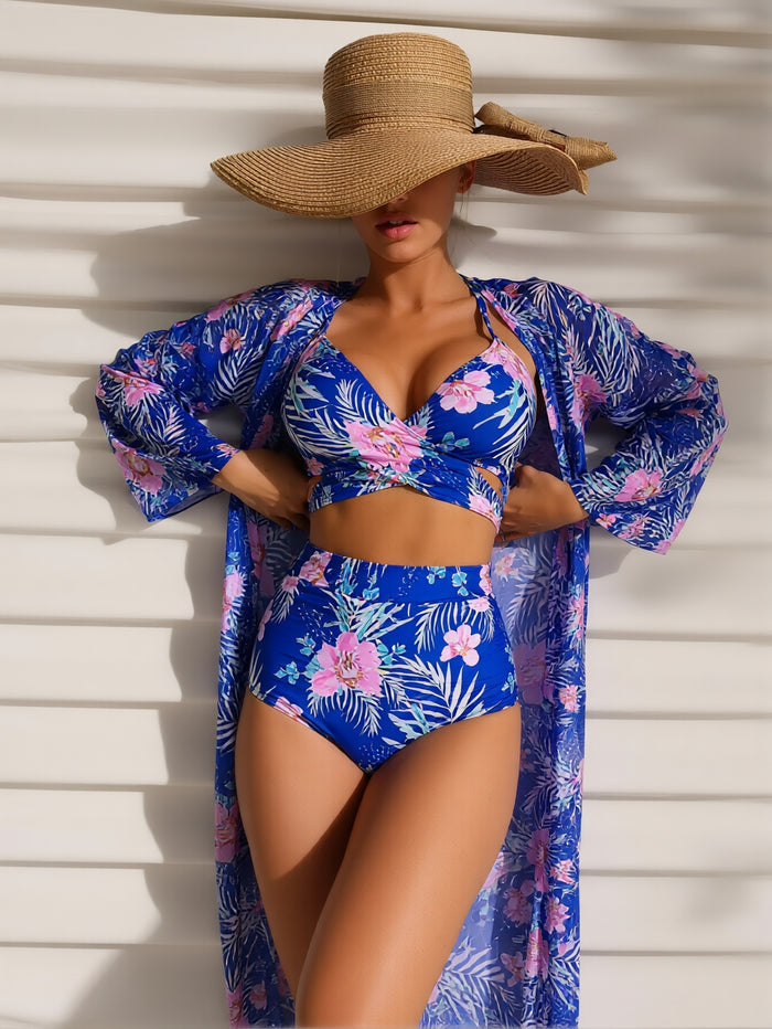 Women's 3 Piece Bikini Set High Cut Halter Swimsuit with Long Sleeve Drawstring Cover Ups
