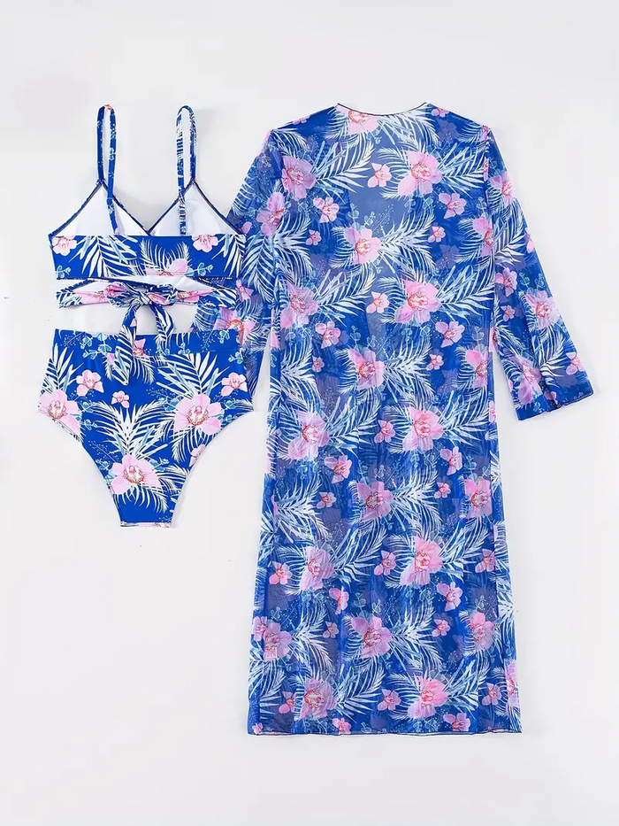 Women's 3 Piece Bikini Set High Cut Halter Swimsuit with Long Sleeve Drawstring Cover Ups