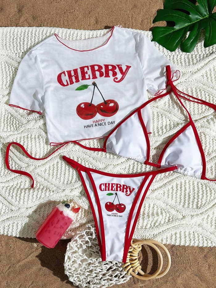 Women's 3 Piece Cherry Swimsuits Y2k Triangle Halter Thong Bikini Set with Cover Up