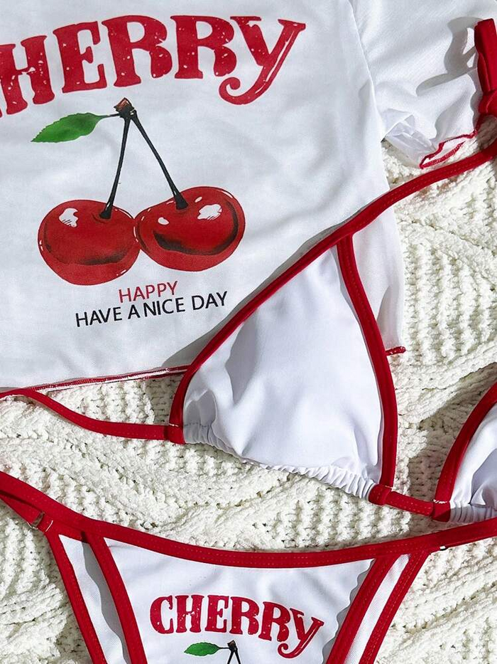 Women's 3 Piece Cherry Swimsuits Y2k Triangle Halter Thong Bikini Set with Cover Up