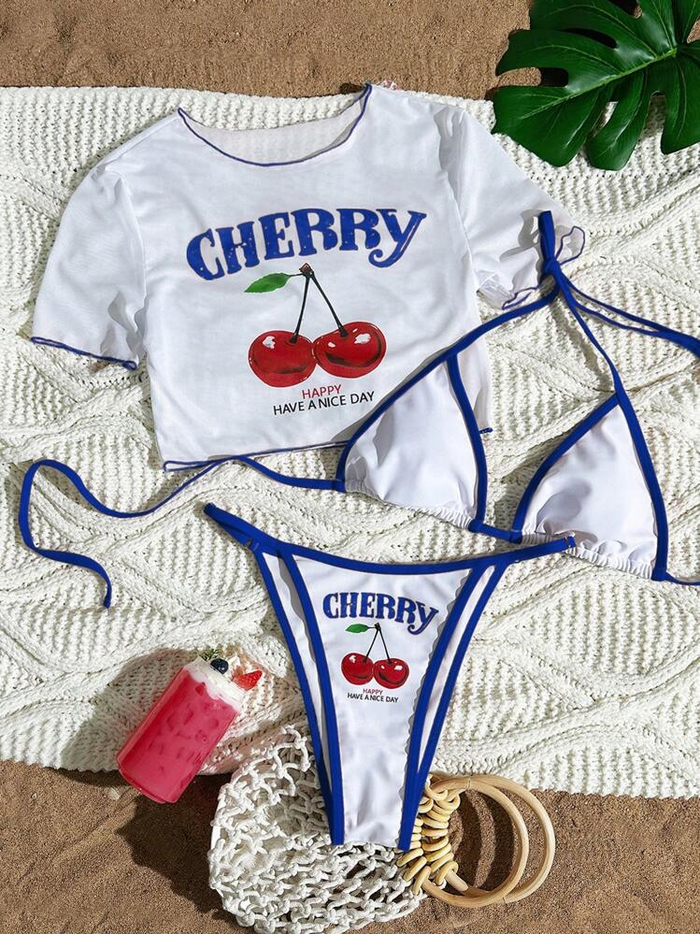 Women's 3 Piece Cherry Swimsuits Y2k Triangle Halter Thong Bikini Set with Cover Up