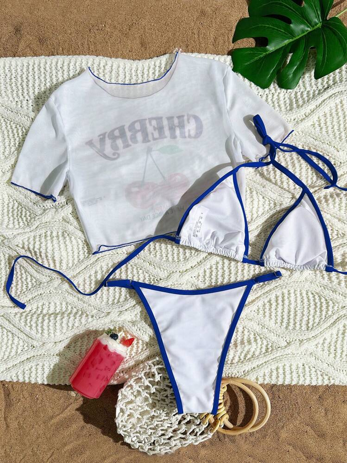 Women's 3 Piece Cherry Swimsuits Y2k Triangle Halter Thong Bikini Set with Cover Up