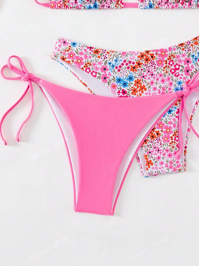 Women's 3 Piece Layering Swimsuit Sexy Solid Color Bathing Swimwear Halter String Triangle Bikini Sets