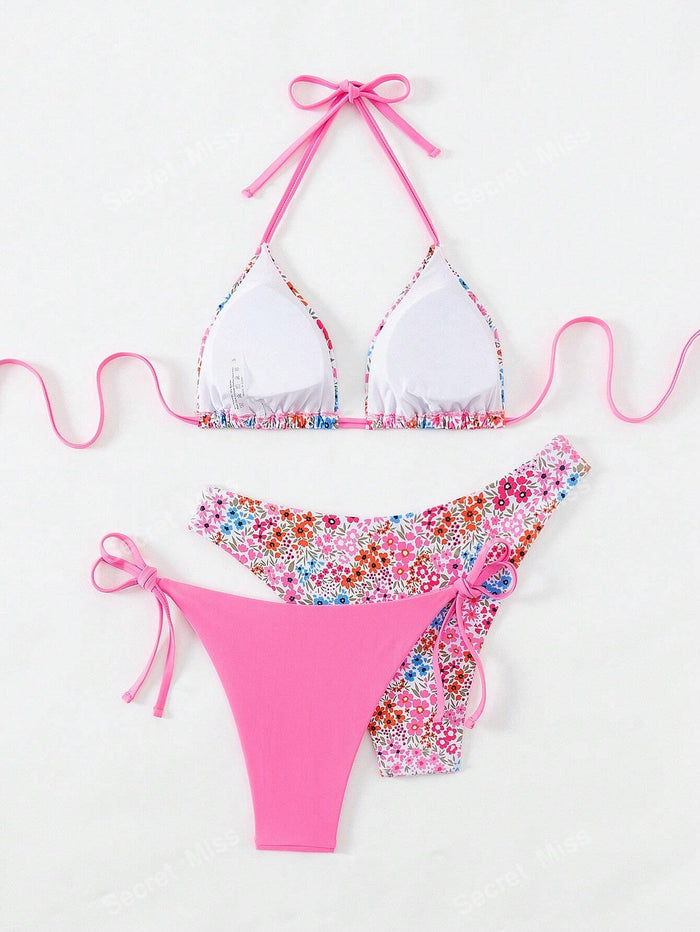 Women's 3 Piece Layering Swimsuit Sexy Solid Color Bathing Swimwear Halter String Triangle Bikini Sets