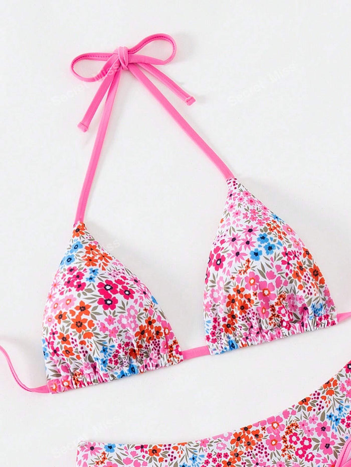 Women's 3 Piece Layering Swimsuit Sexy Solid Color Bathing Swimwear Halter String Triangle Bikini Sets