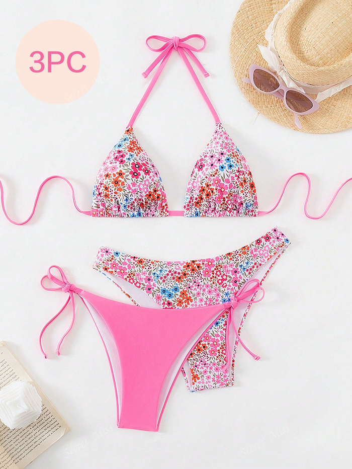 Women's 3 Piece Layering Swimsuit Sexy Solid Color Bathing Swimwear Halter String Triangle Bikini Sets