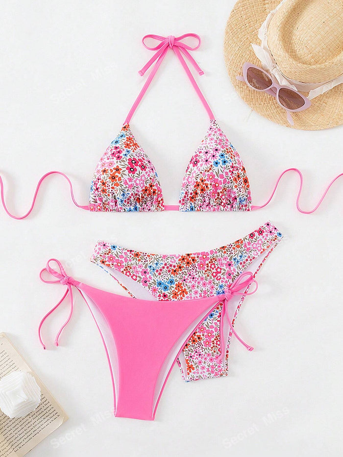 Women's 3 Piece Layering Swimsuit Sexy Solid Color Bathing Swimwear Halter String Triangle Bikini Sets