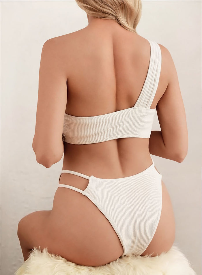 Women's 3 Piece One Shoulder Textured High Cut Bikini Set with Tie Side Cover Ups