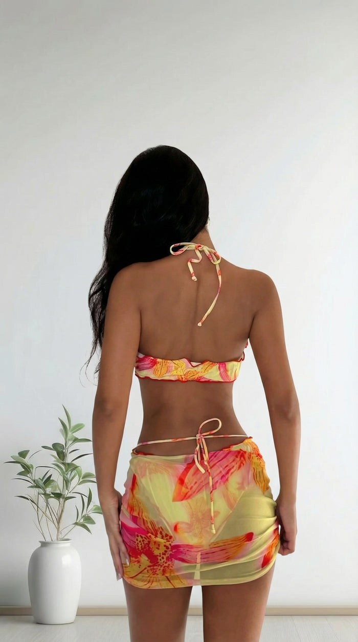 Women's 3 Piece Swimsuit Floral Halter Bikini Set Beach Vacation Bathing Suit with Drawstring Cover Up Skirt