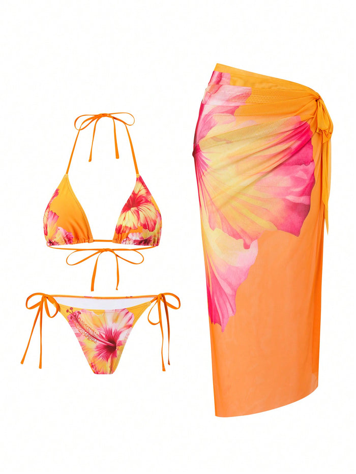 Women's 3 Piece Swimsuits Floral Bikini Sets Sexy Bathing Suit with Beach Cover Up Skirt