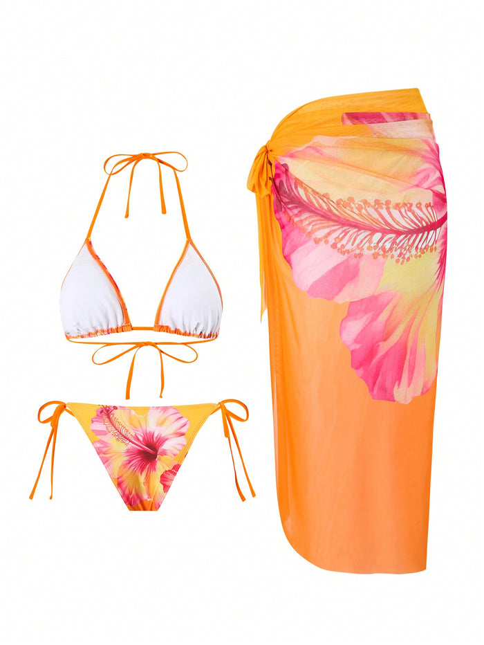 Women's 3 Piece Swimsuits Floral Bikini Sets Sexy Bathing Suit with Beach Cover Up Skirt