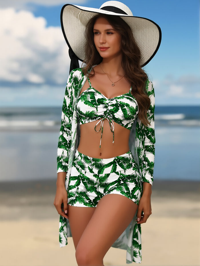 Women's 3 Piece Swimsuits Sexy Bikini Sets Triangle Bathing Suit Tropical Beach Cover up Kimono Swimwear