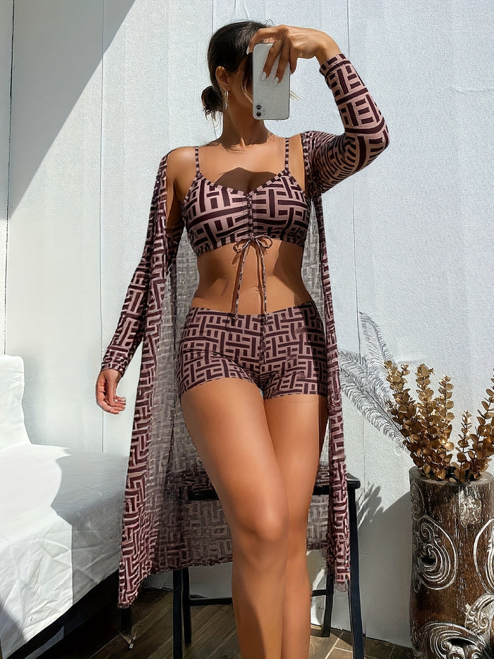 Women's 3 Pieces Bikini Set Geo Print Bathing Suit Drawstring Swimsuit with Cover Ups Kimono