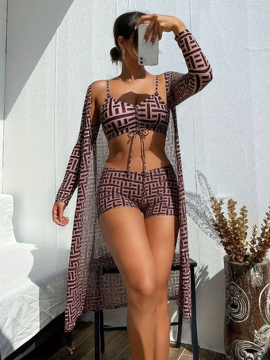 Women's 3 Pieces Bikini Set Geo Print Bathing Suit Drawstring Swimsuit with Cover Ups Kimono