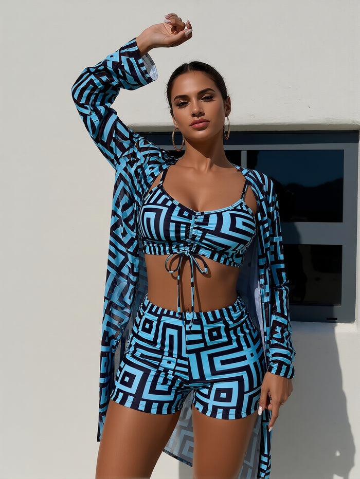 Women's 3 Pieces Bikini Set Geo Print Bathing Suit Drawstring Swimsuit with Cover Ups Kimono