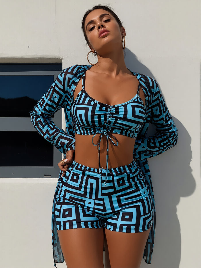 Women's 3 Pieces Bikini Set Geo Print Bathing Suit Drawstring Swimsuit with Cover Ups Kimono