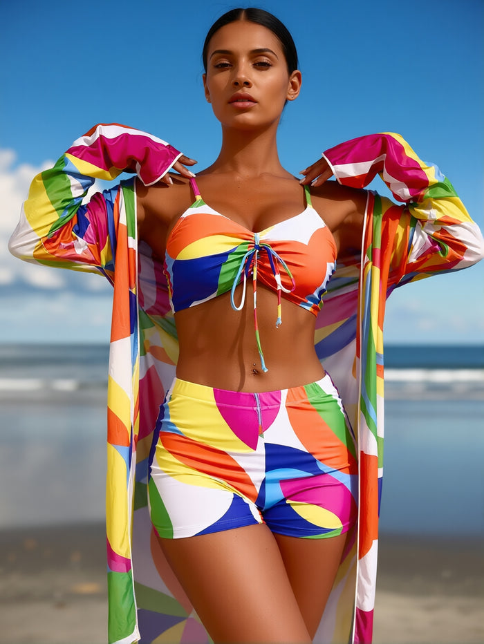Womens 3 Pieces Bikini Set Swimsuit Tropical Beach Cover up Kimono Swimwear Bathing Suit with Boy Shorts