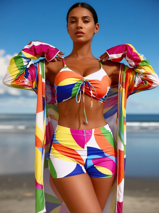 Womens 3 Pieces Bikini Set Swimsuit Tropical Beach Cover up Kimono Swimwear Bathing Suit with Boy Shorts