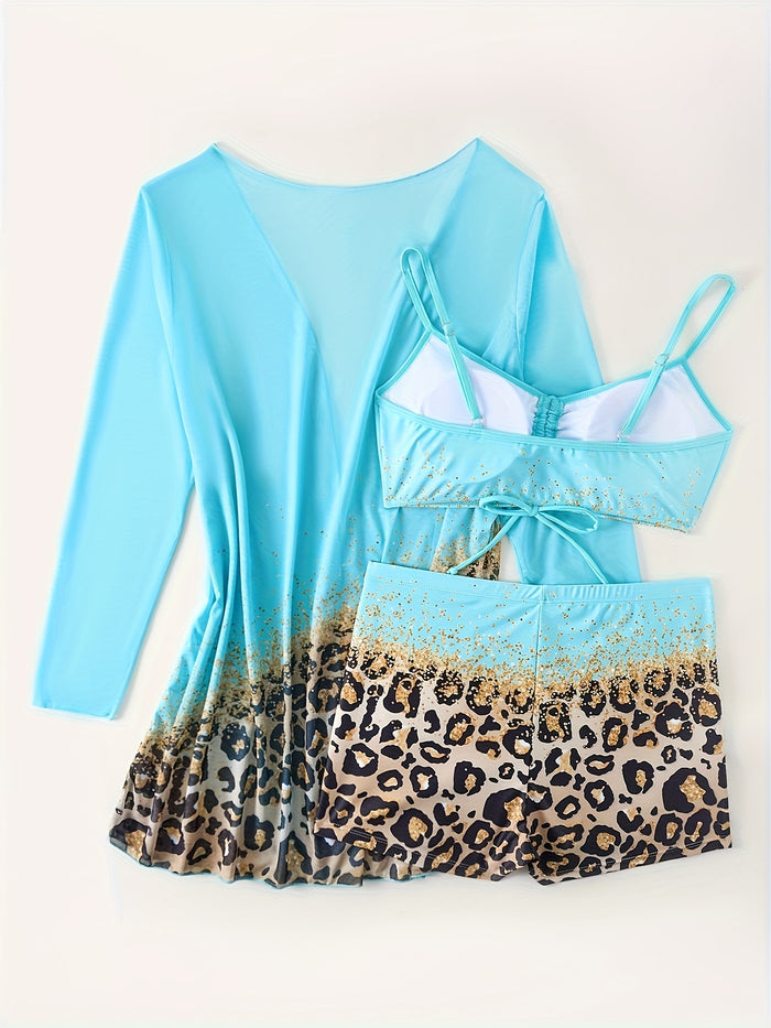 Womens 3 Pieces Bikini Set Swimsuit Tropical Beach Cover up Kimono Swimwear Bathing Suit with Boy Shorts