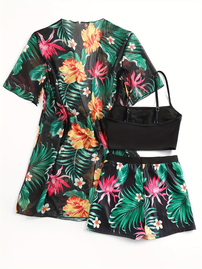 Womens 3 Pieces Bikini Set Swimsuit Tropical Beach Cover up Kimono Swimwear Bathing Suit with Boy Shorts