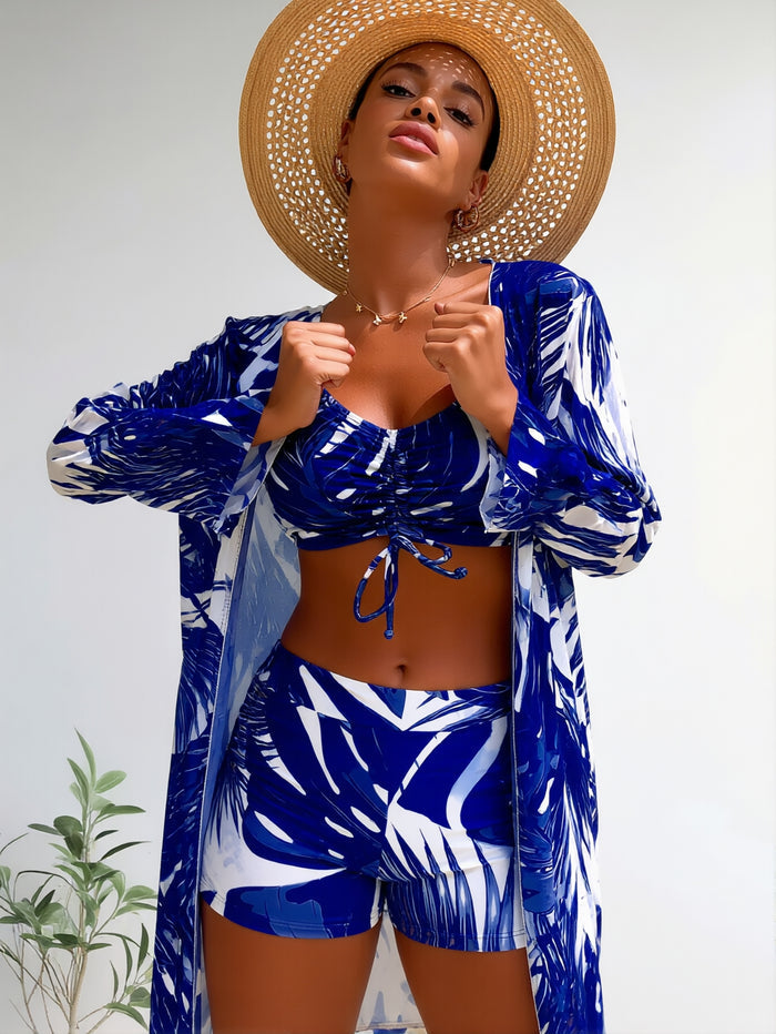 Womens 3 Pieces Bikini Set Swimsuit Tropical Beach Cover up Kimono Swimwear Bathing Suit with Boy Shorts