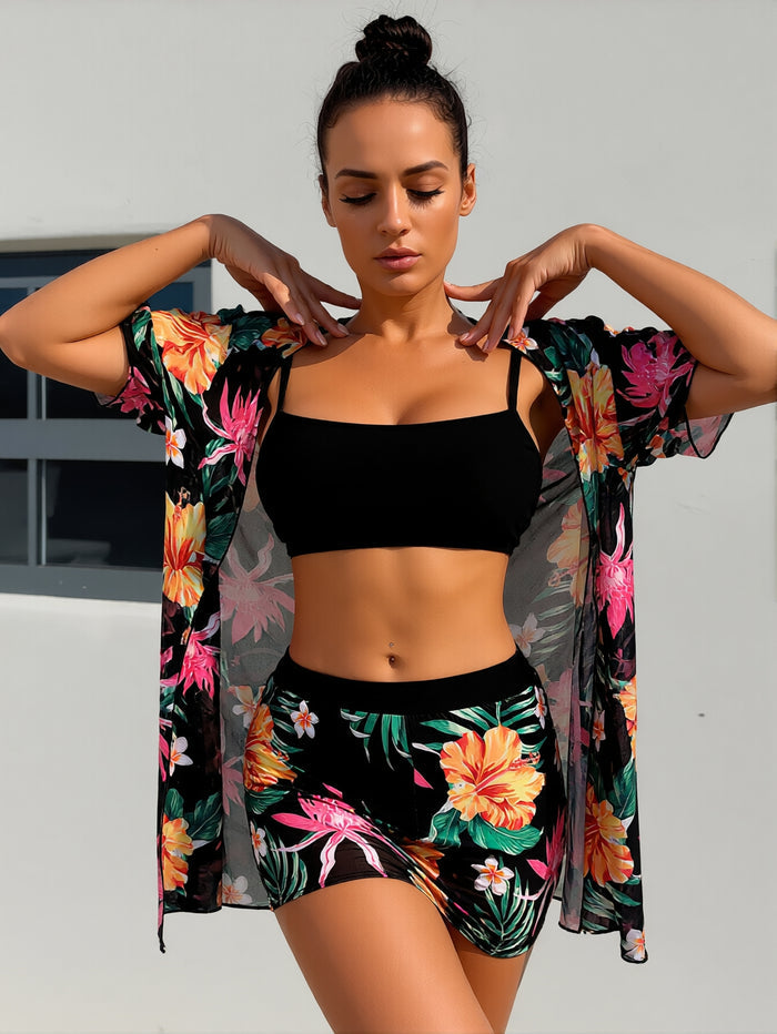 Womens 3 Pieces Bikini Set Swimsuit Tropical Beach Cover up Kimono Swimwear Bathing Suit with Boy Shorts