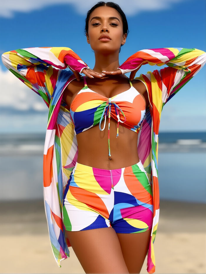 Womens 3 Pieces Bikini Set Swimsuit Tropical Beach Cover up Kimono Swimwear Bathing Suit with Boy Shorts