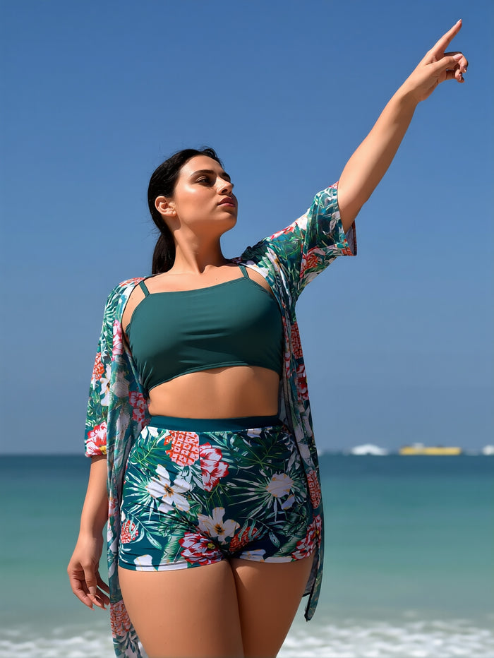 Womens 3 Pieces Bikini Set Swimsuit Tropical Beach Cover up Kimono Swimwear Bathing Suit with Boy Shorts