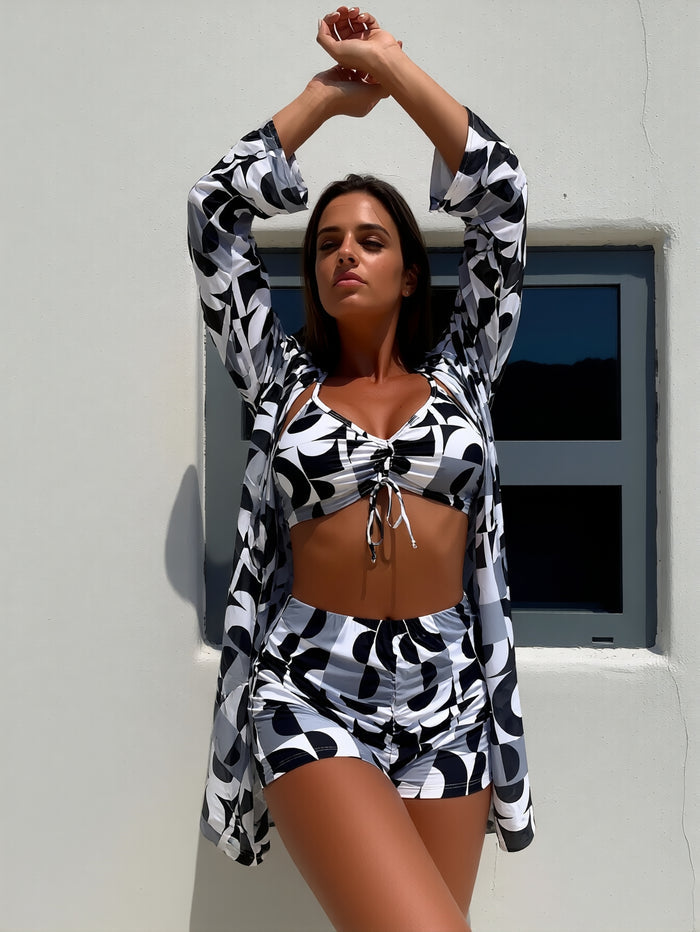 Womens 3 Pieces Bikini Set Swimsuit Tropical Beach Cover up Kimono Swimwear Bathing Suit with Boy Shorts