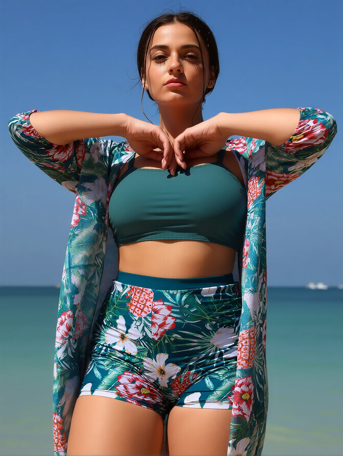Womens 3 Pieces Bikini Set Swimsuit Tropical Beach Cover up Kimono Swimwear Bathing Suit with Boy Shorts