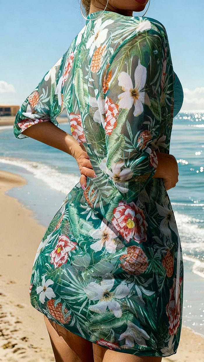 Womens 3 Pieces Bikini Set Swimsuit Tropical Beach Cover up Kimono Swimwear Bathing Suit with Boy Shorts