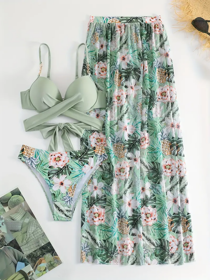 Womens 3pcs Swimsuit Floral Halter Triangle Bikini Top Tie Side Bottom with Long Sheer Cover Up Skirt