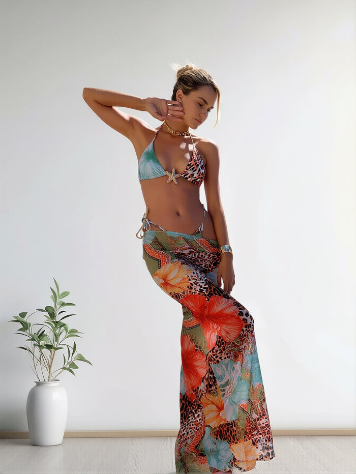Womens 3pcs Swimsuit Floral Halter Triangle Bikini Top Tie Side Bottom with Long Sheer Cover Up Skirt