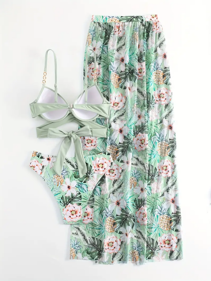 Womens 3pcs Swimsuit Floral Halter Triangle Bikini Top Tie Side Bottom with Long Sheer Cover Up Skirt