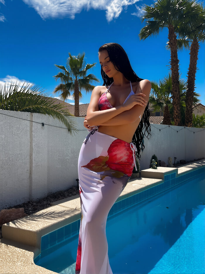 Womens 3pcs Swimsuit Floral Halter Triangle Bikini Top Tie Side Bottom with Long Sheer Cover Up Skirt